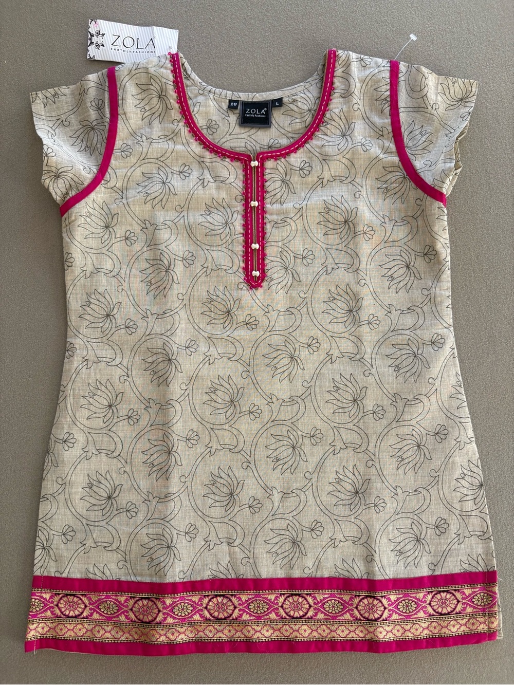 NEW Zola Earthly Fashion Beaded Indian Kurti Top Tunic Shirt Pink Gold Brocade